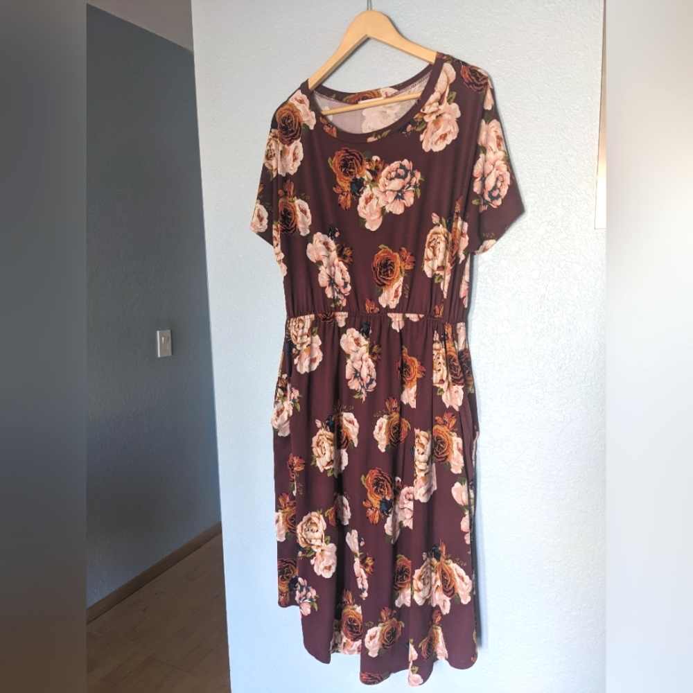 Midi burgundy, rust, cobalt, blush floral jersey cap sleeve dress w/ pockets